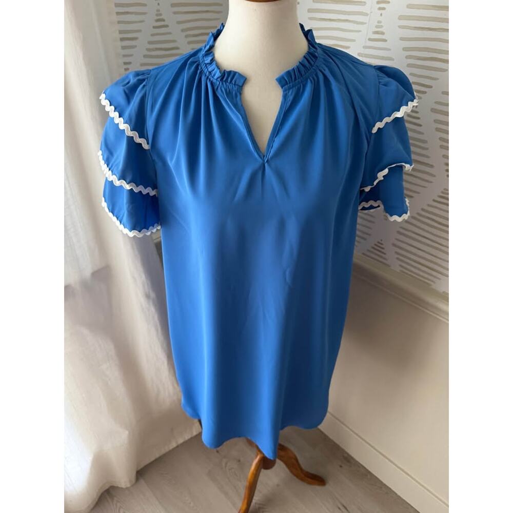 Jess Lea Women’s Large Blue Kersten Ric Rac Ruffle Shift Dress - Picture 3 of 8